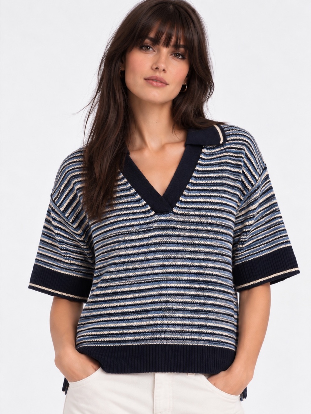 MADEWELL Stripe Johnny Collar Sweater T-Shirt Blue Trio Stripe Women’s Size XL